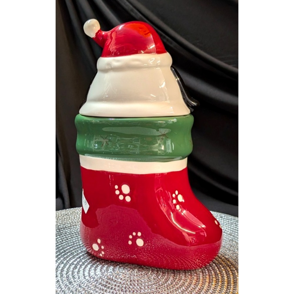 Dog Cookie Treat Jar Paw Winter Season Christmas Holiday Santa Hat Vintage - Picture 4 of 7